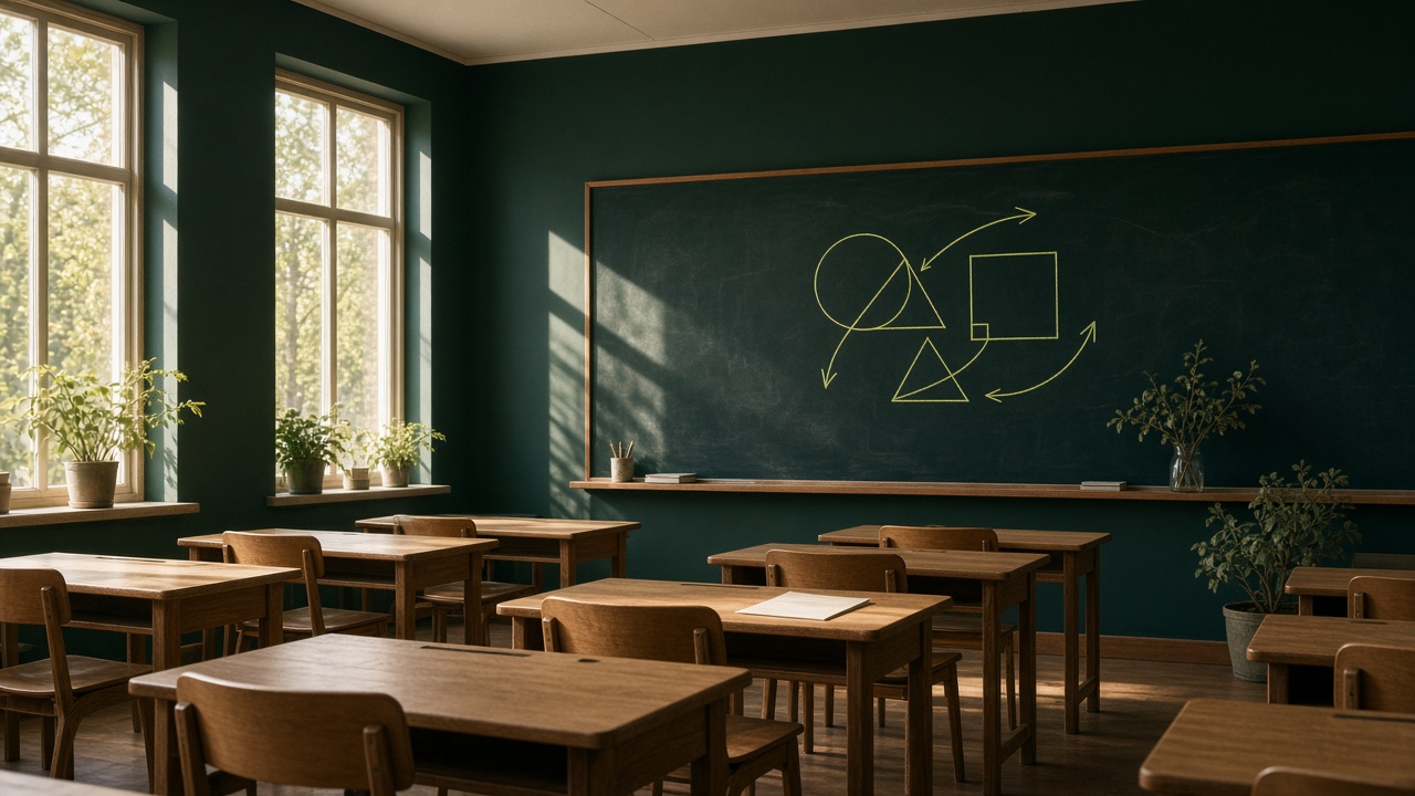 Ett solbelyst klassrum med en gemensam lektion på tavlan
